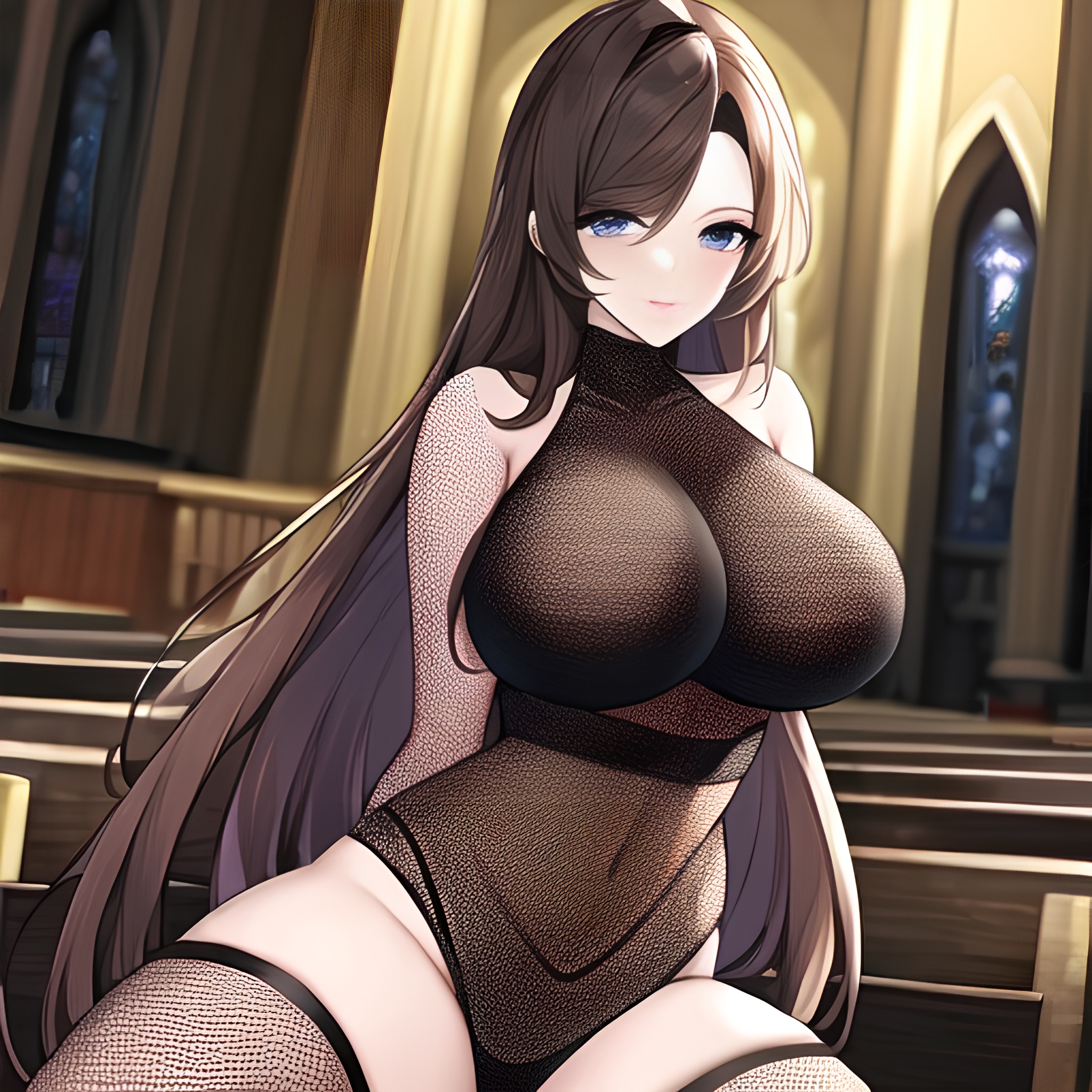 messy hair fishnet long hair brunette woman church 