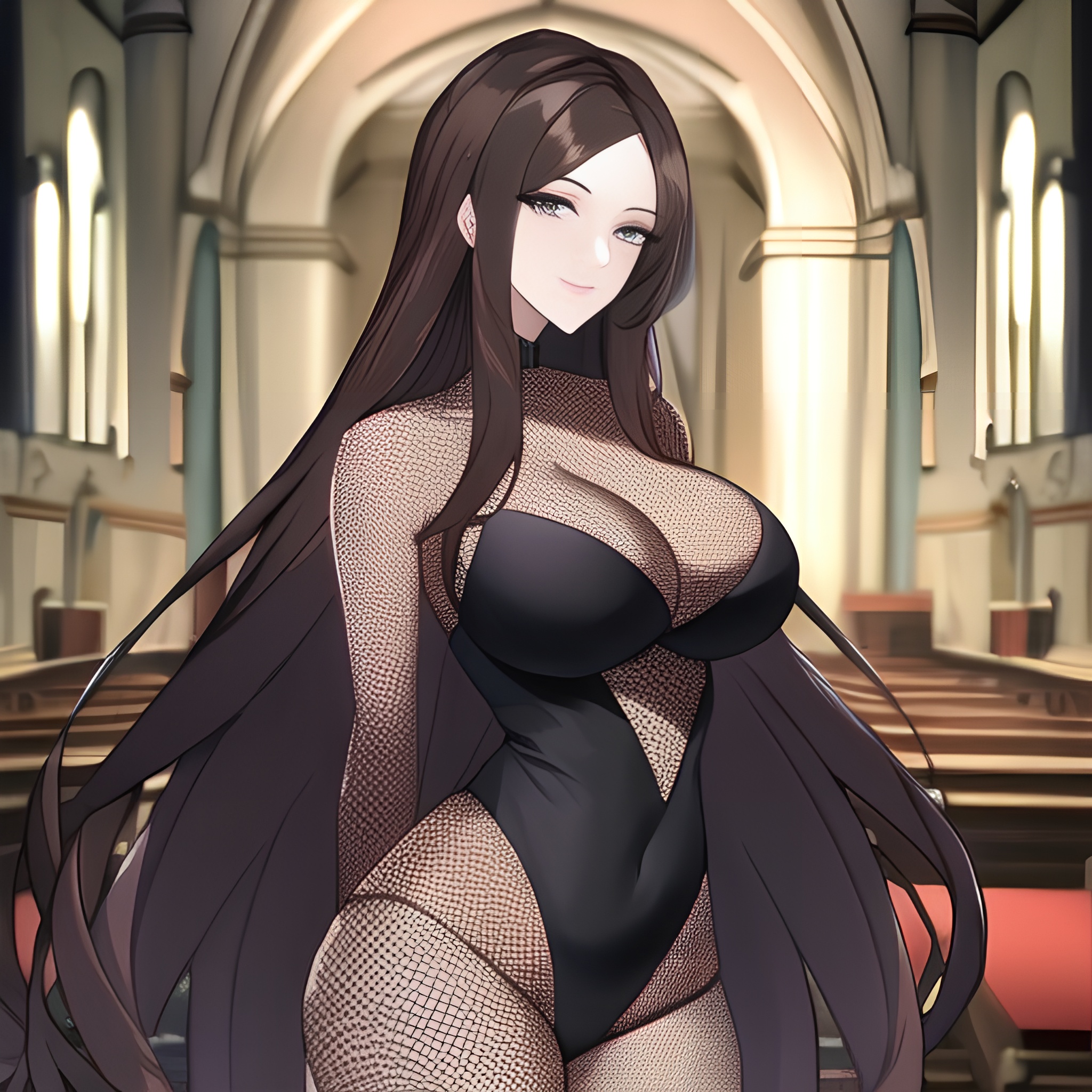 messy hair fishnet long hair brunette woman church 