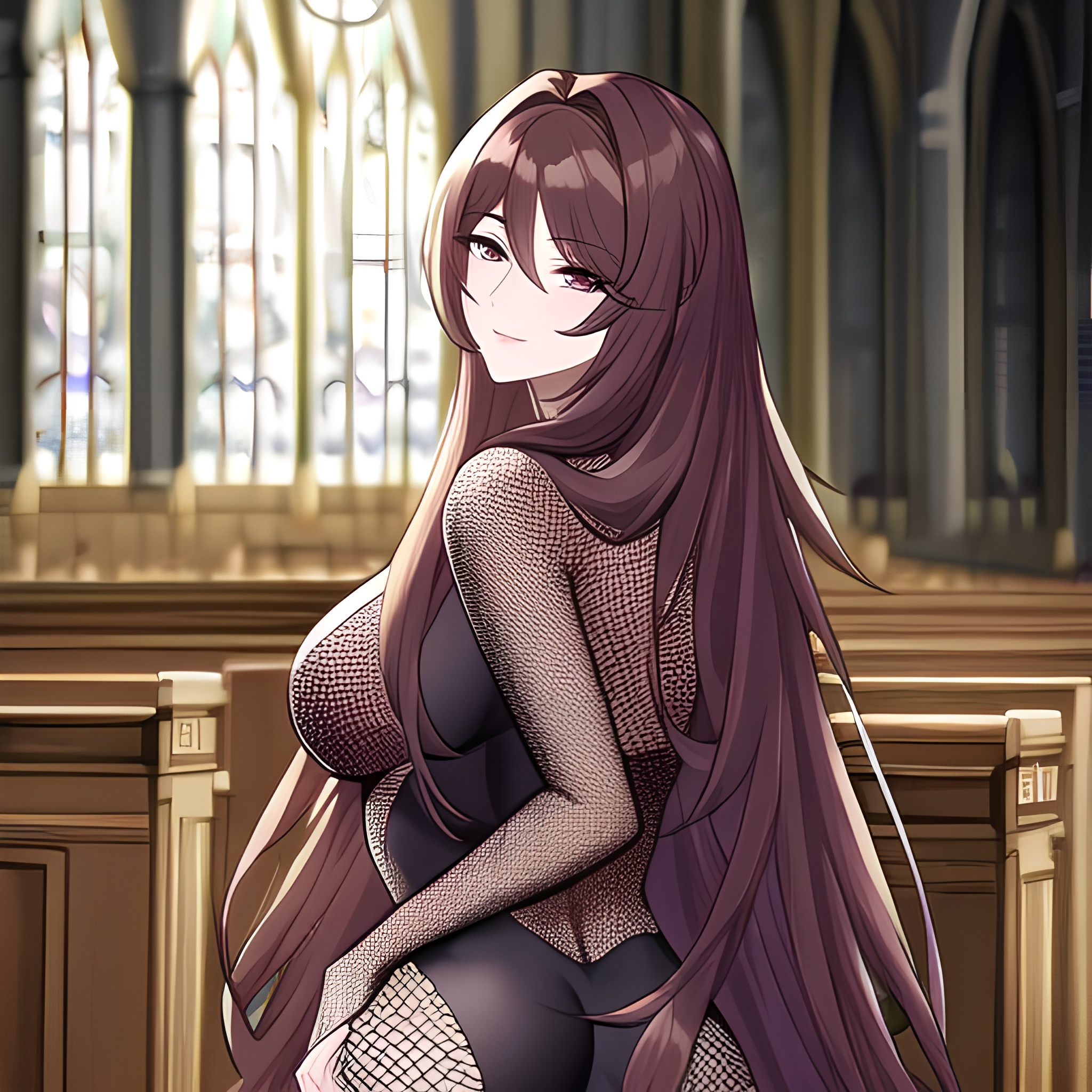 messy hair fishnet long hair brunette woman church 