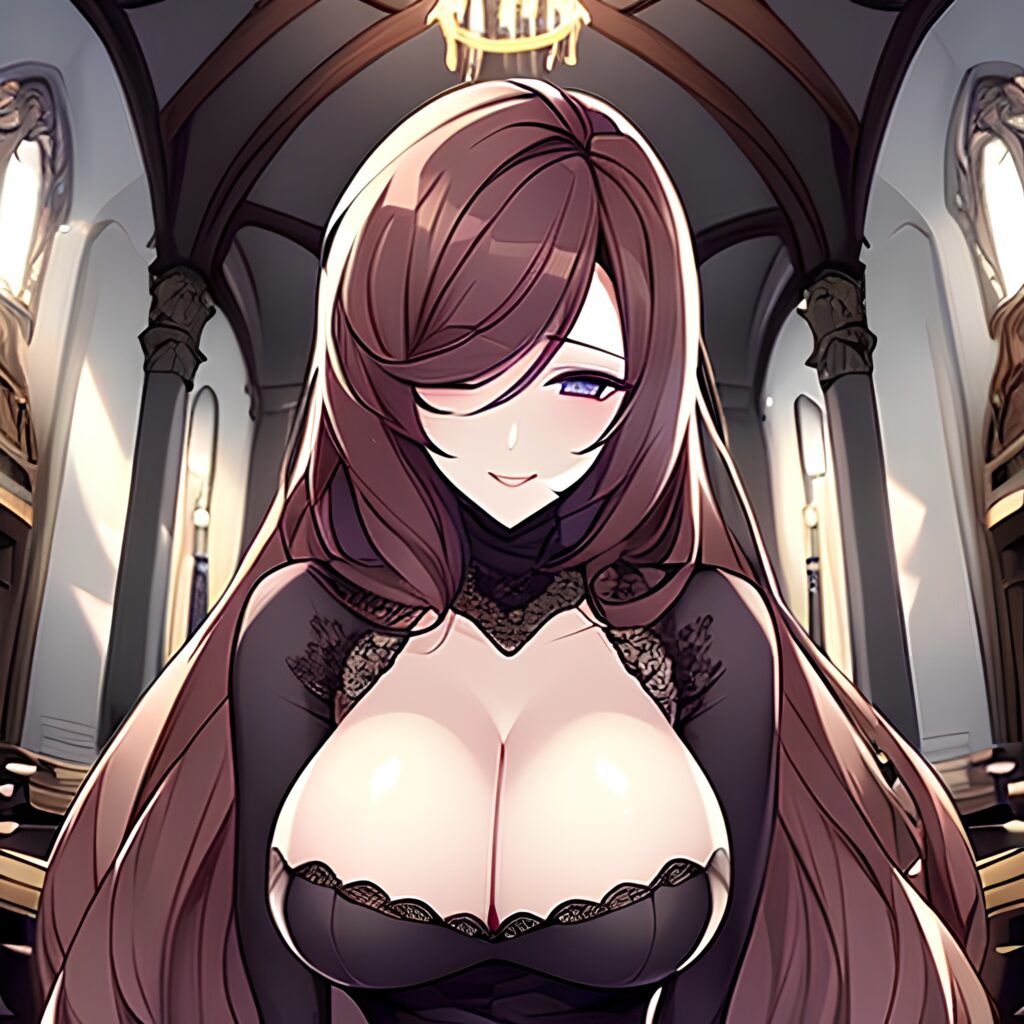 messy hair fishnet long hair brunette woman church 