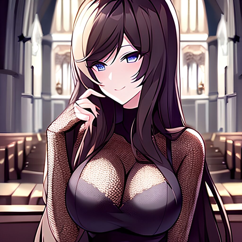 messy hair fishnet long hair church brunette woman 