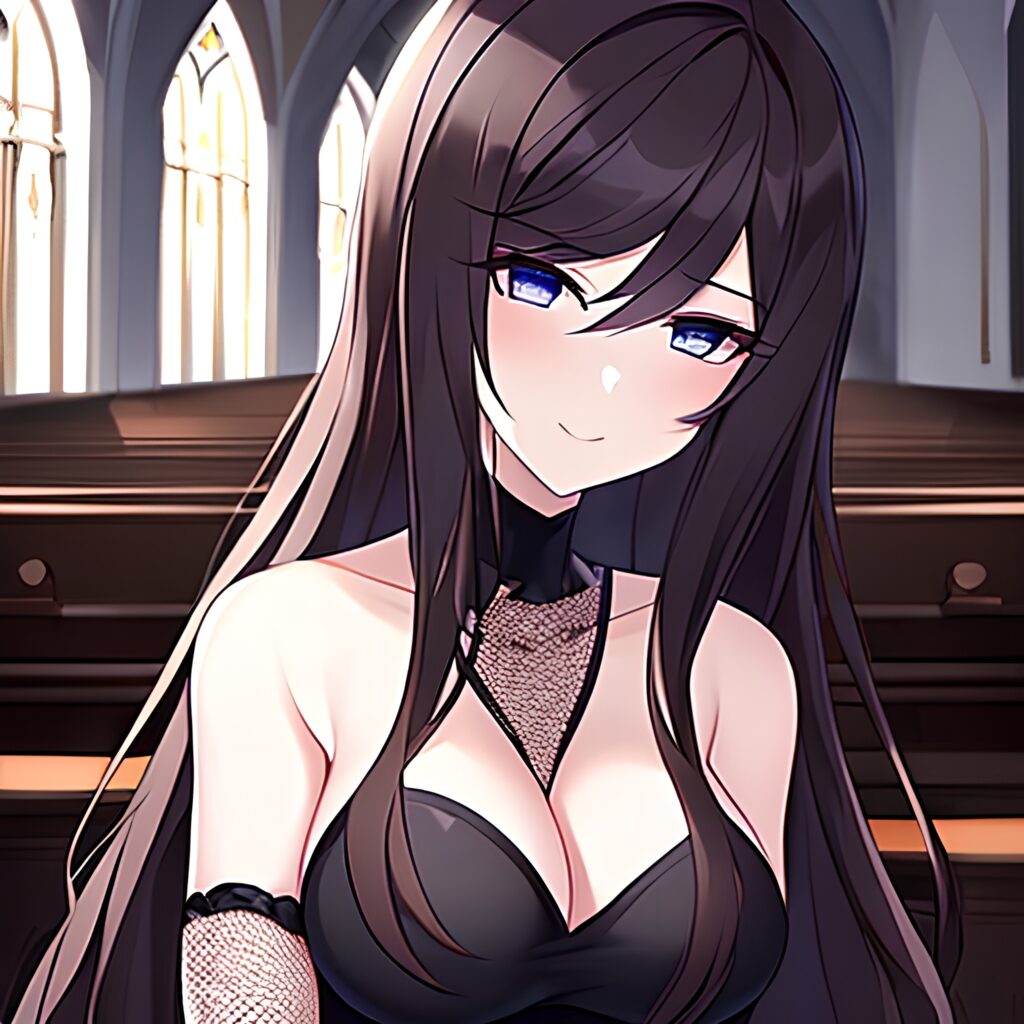 messy hair fishnet long hair church brunette woman 