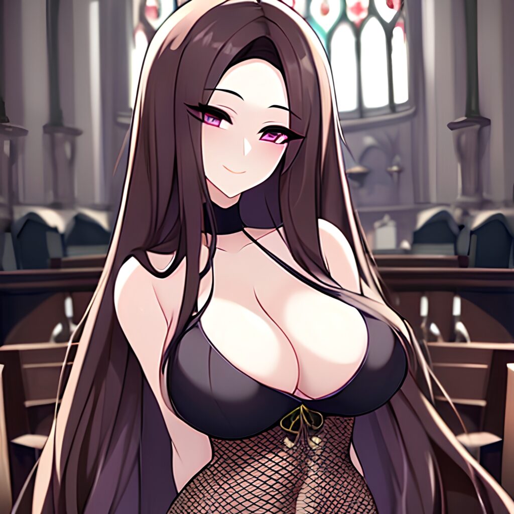 messy hair fishnet long hair church brunette woman 