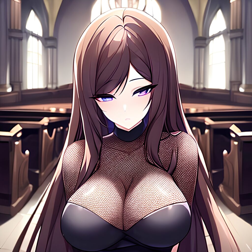 messy hair fishnet long hair church brunette woman 