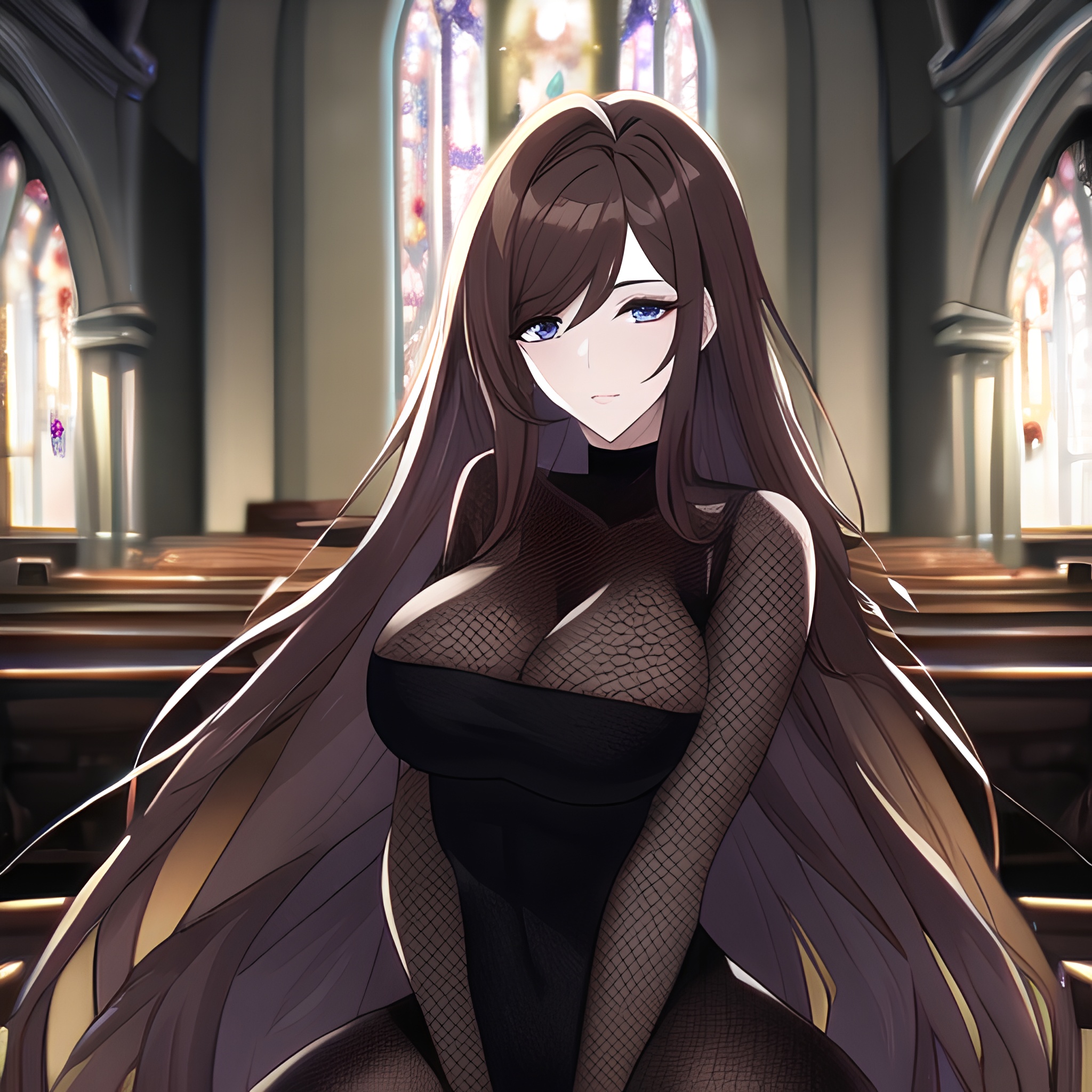 messy hair fishnet long hair church brunette woman 