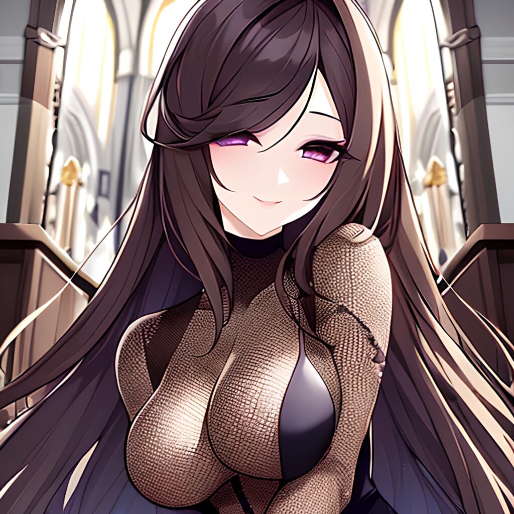 messy hair fishnet long hair church brunette woman 