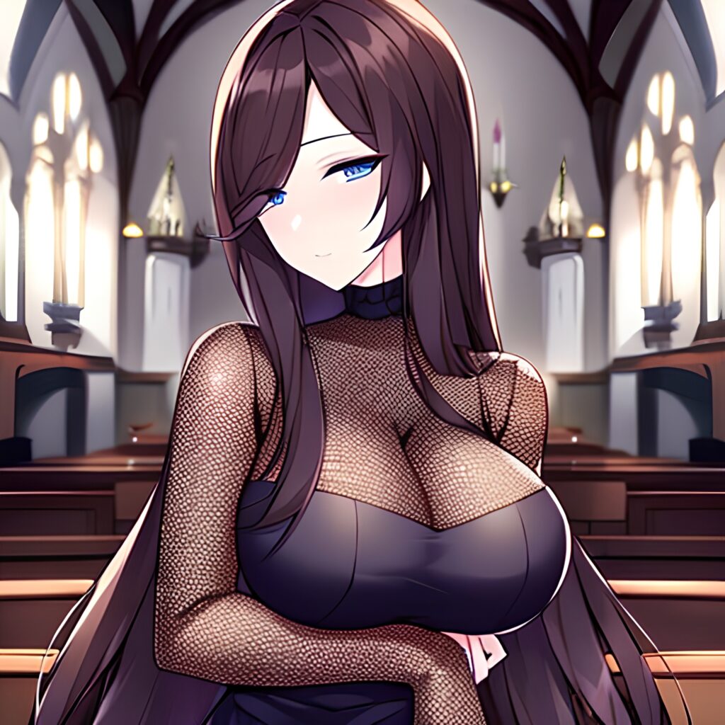 messy hair fishnet long hair church brunette woman 