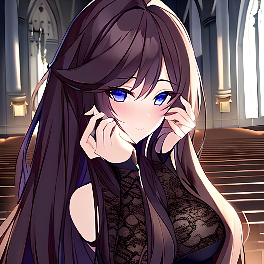 messy hair fishnet long hair church woman brunette 