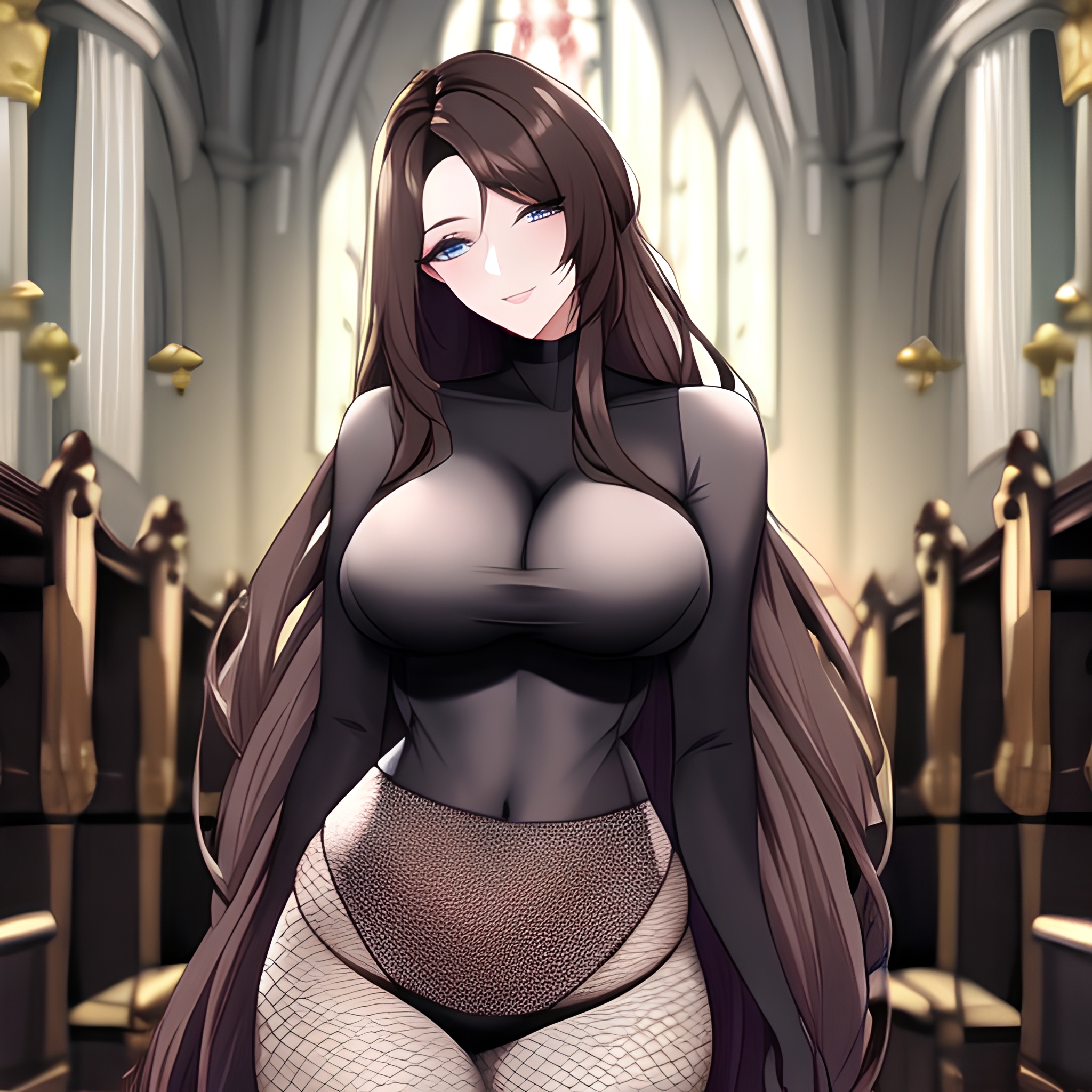 messy hair fishnet long hair church woman brunette 