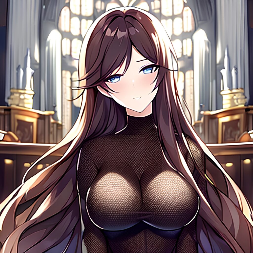 messy hair fishnet long hair church woman brunette 