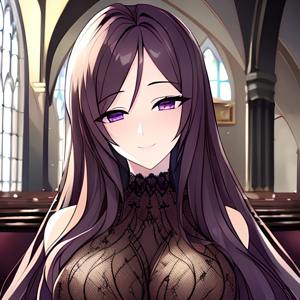 messy hair fishnet long hair church woman brunette 