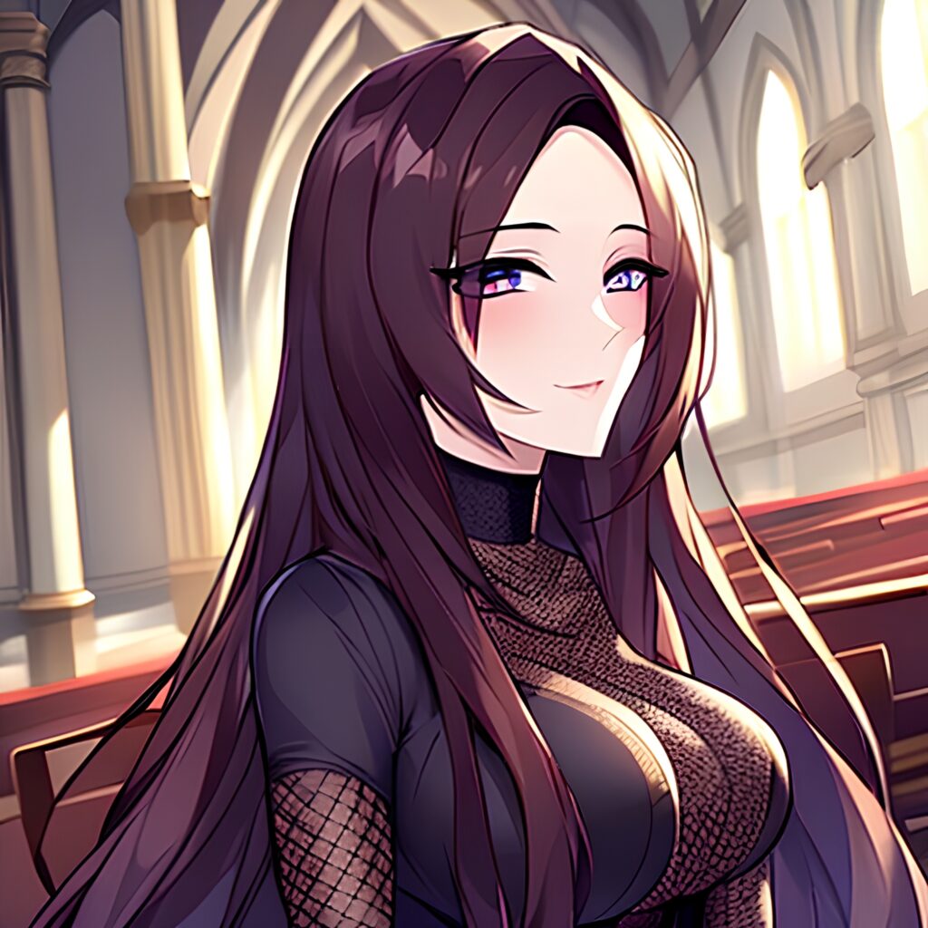 messy hair fishnet long hair church woman brunette 