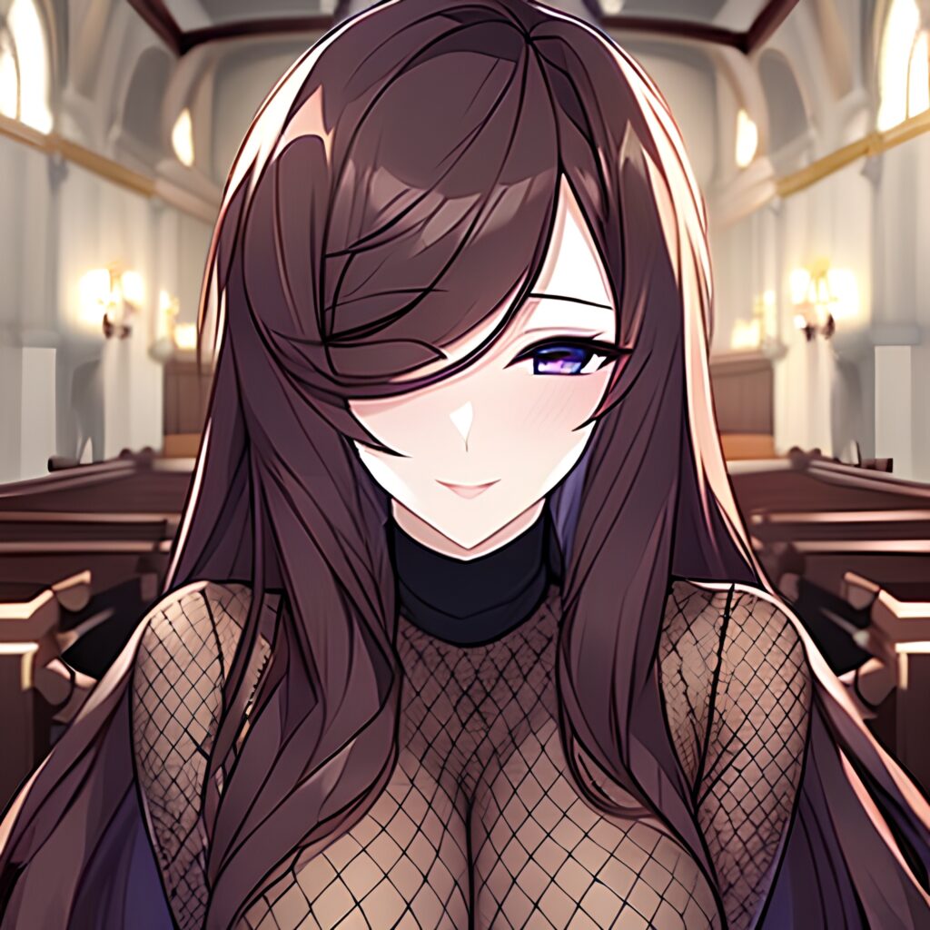 messy hair fishnet long hair church woman brunette 