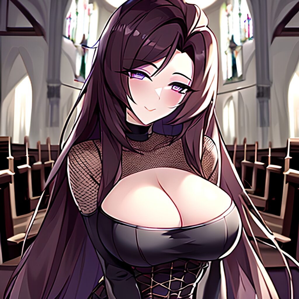 messy hair fishnet long hair woman brunette church 