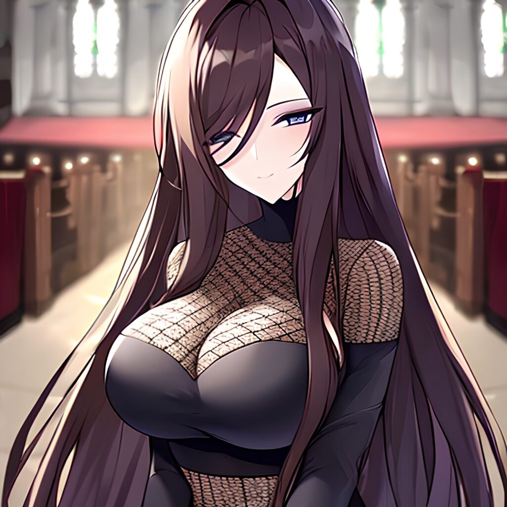 messy hair fishnet woman brunette church long hair 