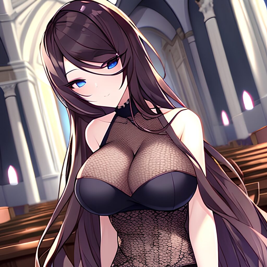 messy hair fishnet woman brunette church long hair 