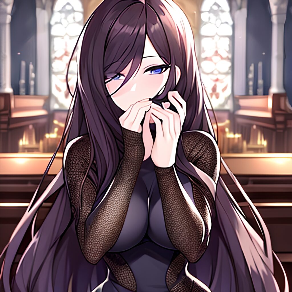 messy hair fishnet woman brunette church long hair 