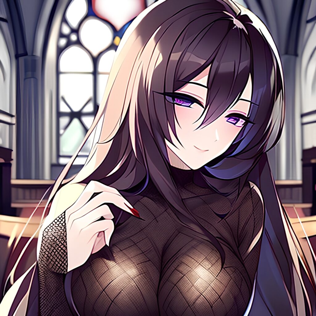 messy hair fishnet woman brunette long hair church 