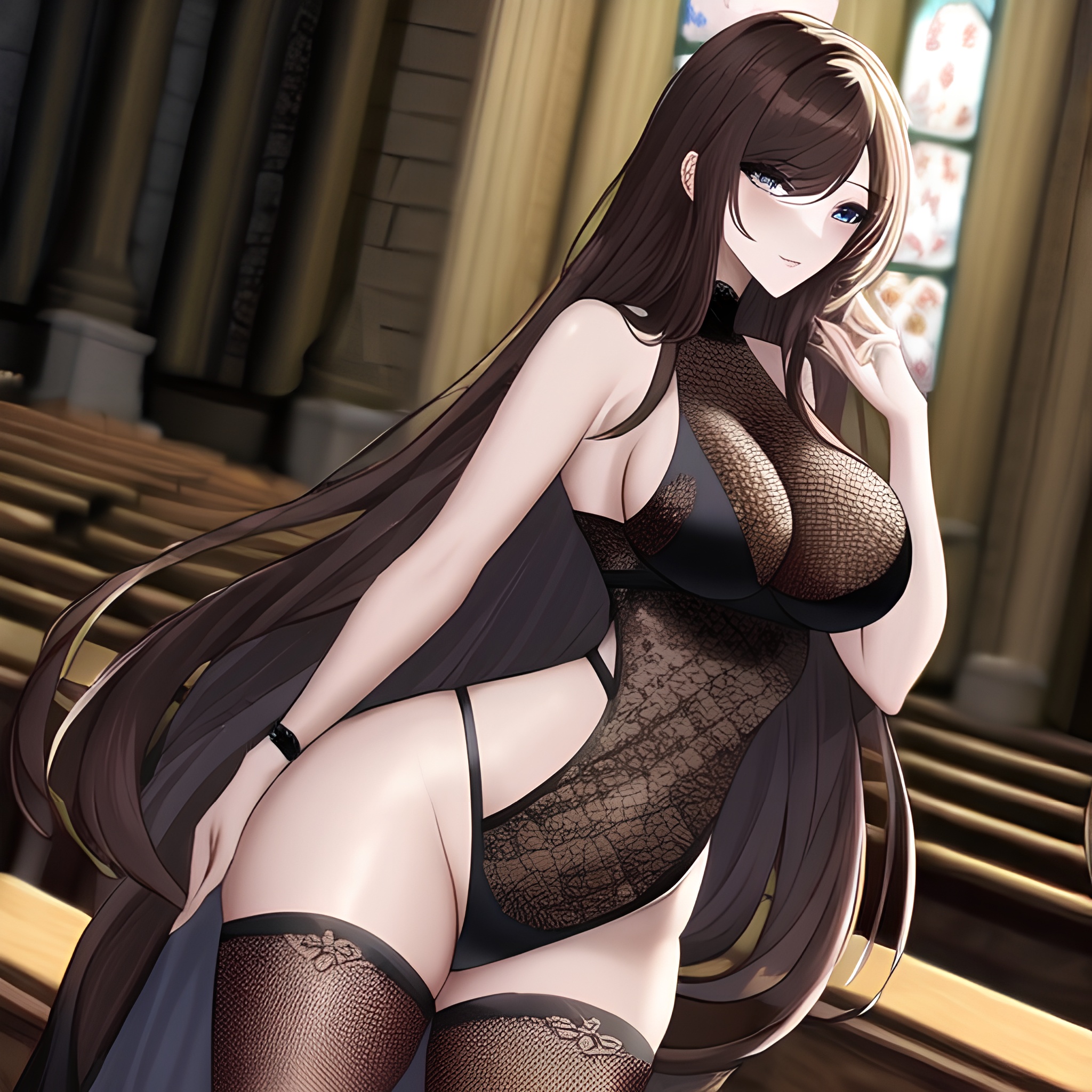 messy hair fishnet woman brunette long hair church 