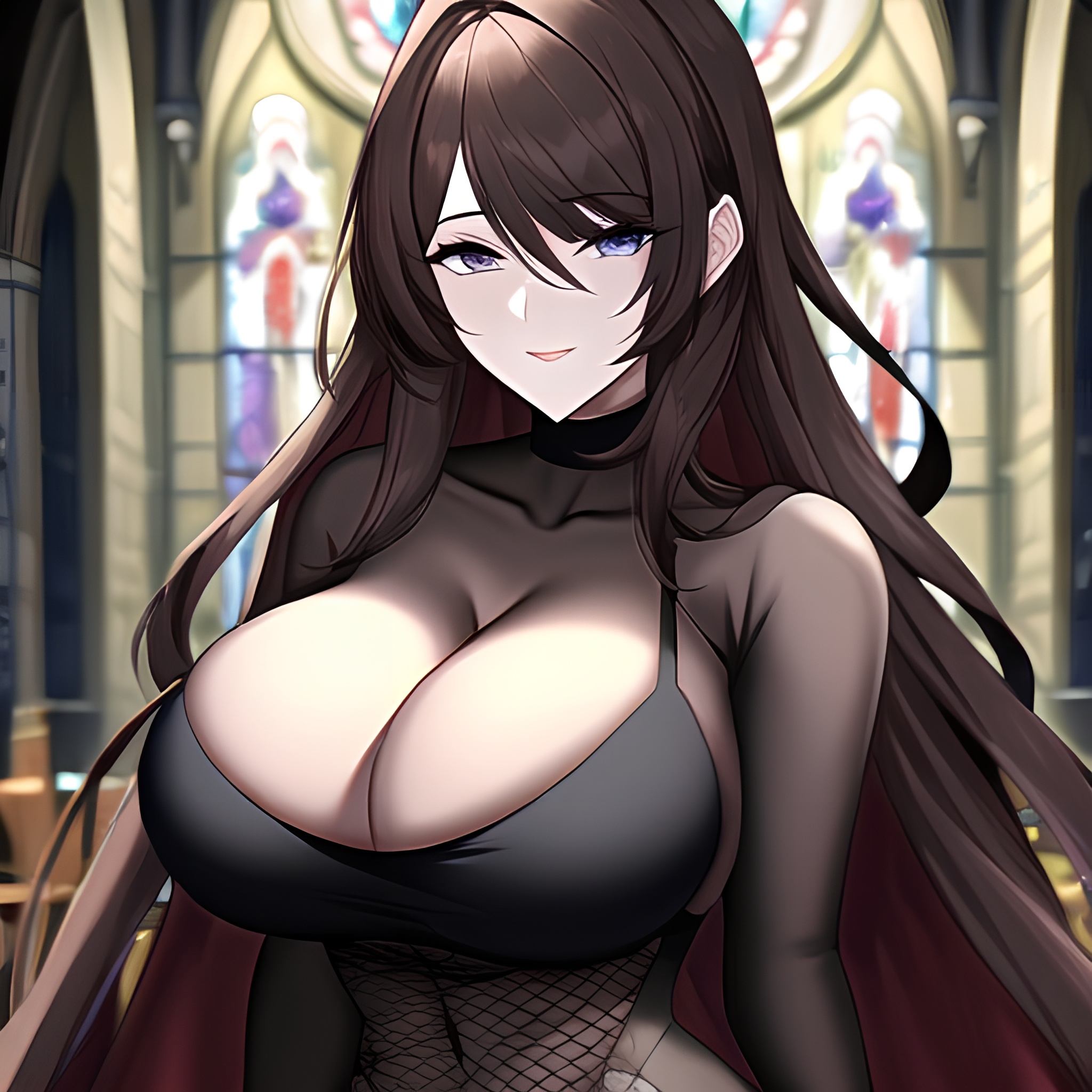 messy hair fishnet woman brunette long hair church