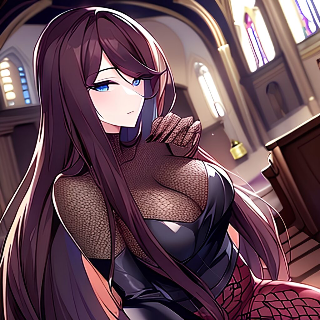 messy hair fishnet woman church brunette long hair 