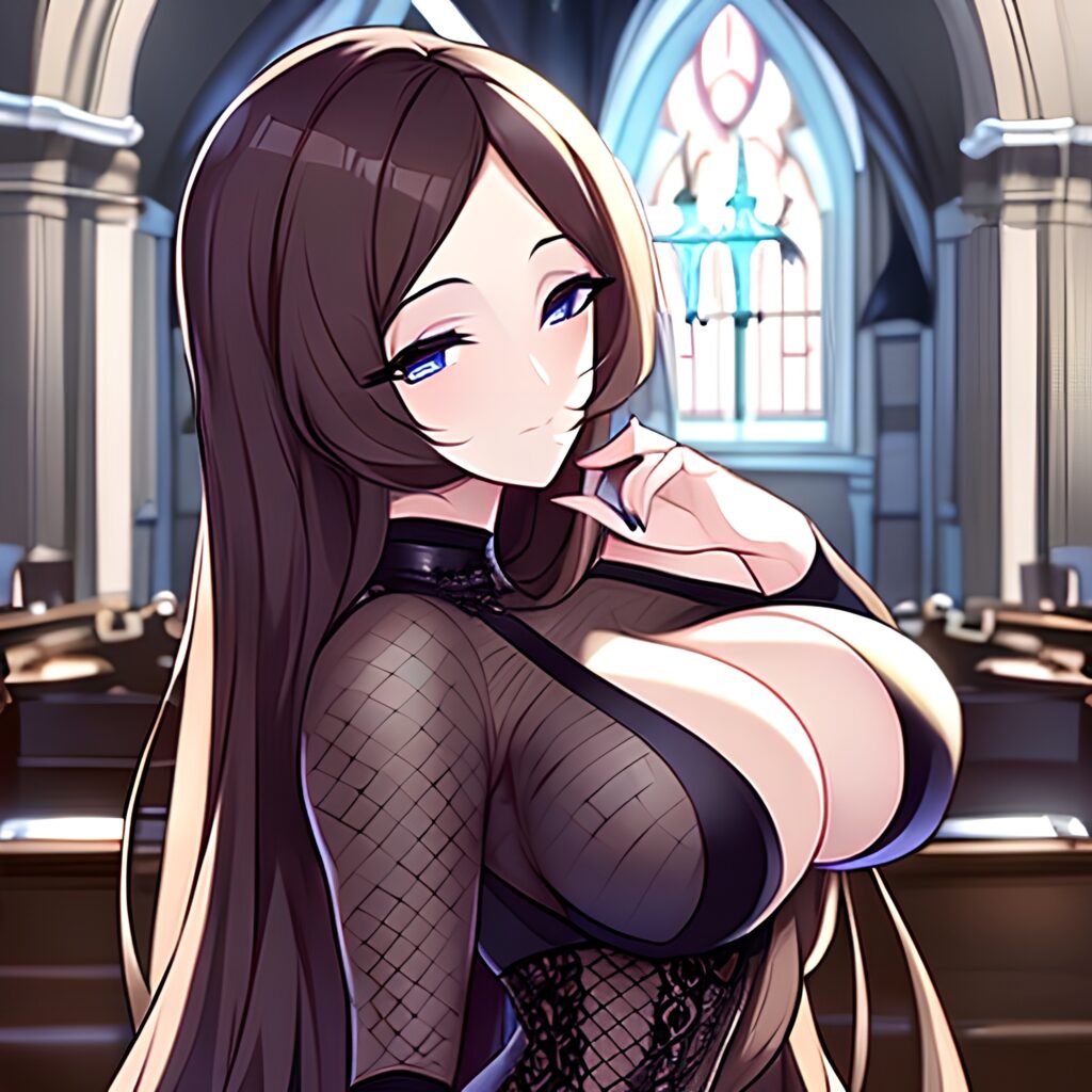 messy hair fishnet woman church brunette long hair