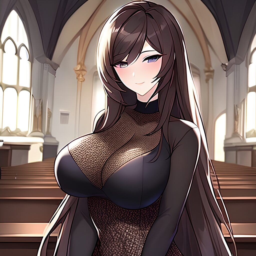 messy hair fishnet woman church long hair brunette 
