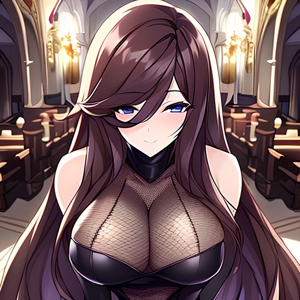 messy hair fishnet woman church long hair brunette 