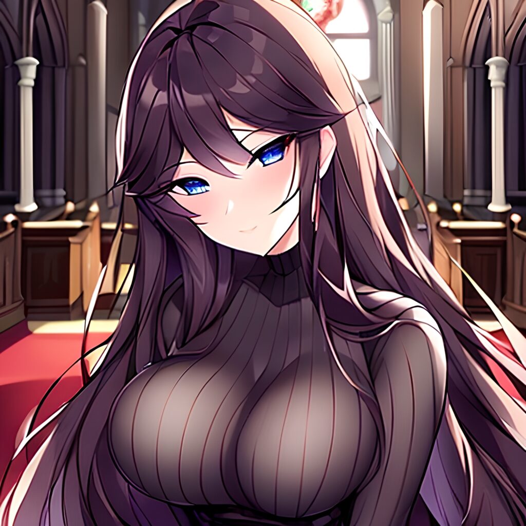 messy hair fishnet woman church long hair brunette 