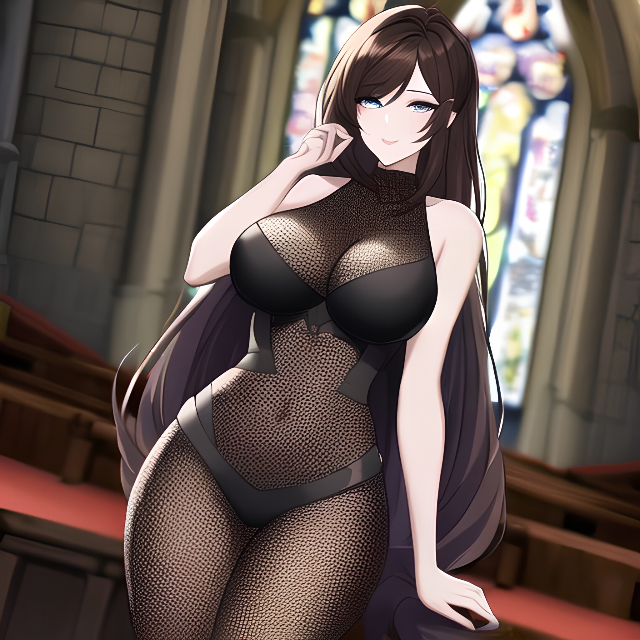 messy hair fishnet woman long hair brunette church 