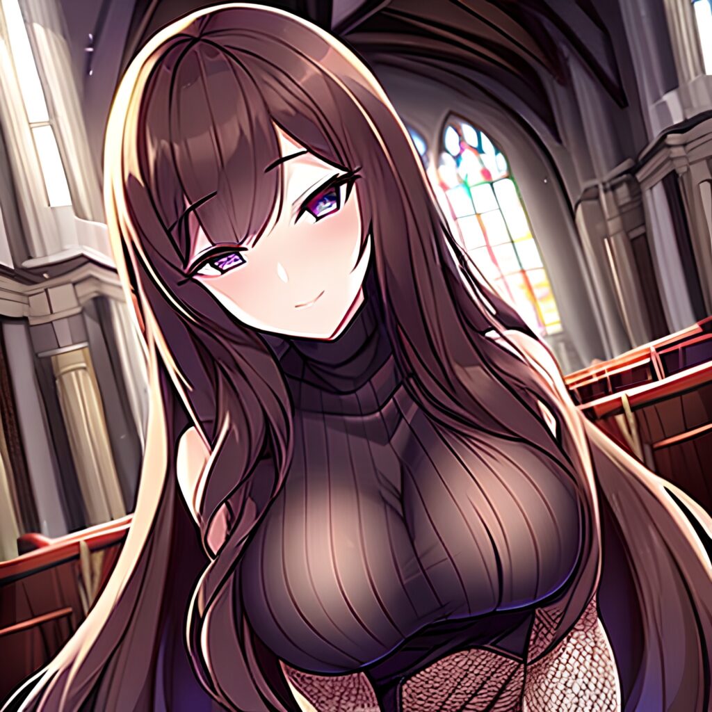 messy hair fishnet woman long hair brunette church 