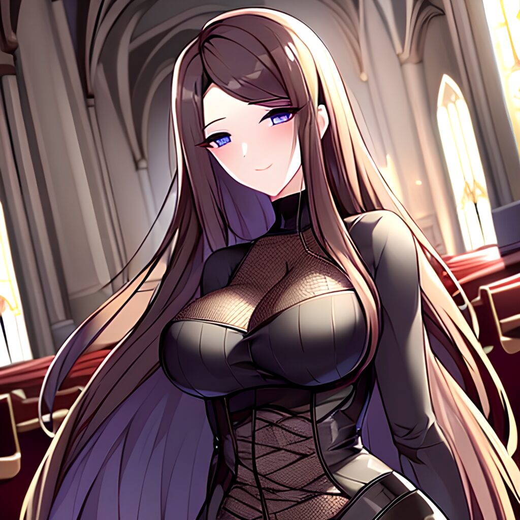 messy hair fishnet woman long hair brunette church 