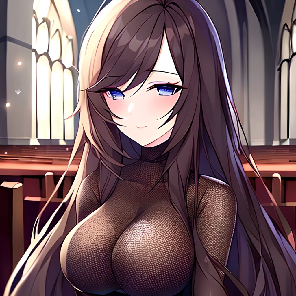 messy hair fishnet woman long hair brunette church 