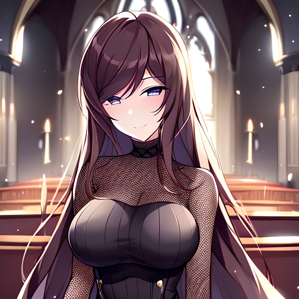 messy hair fishnet woman long hair church brunette