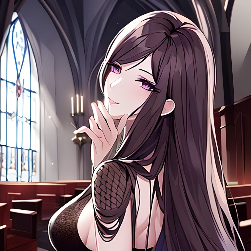 messy hair fishnet woman long hair church brunette 