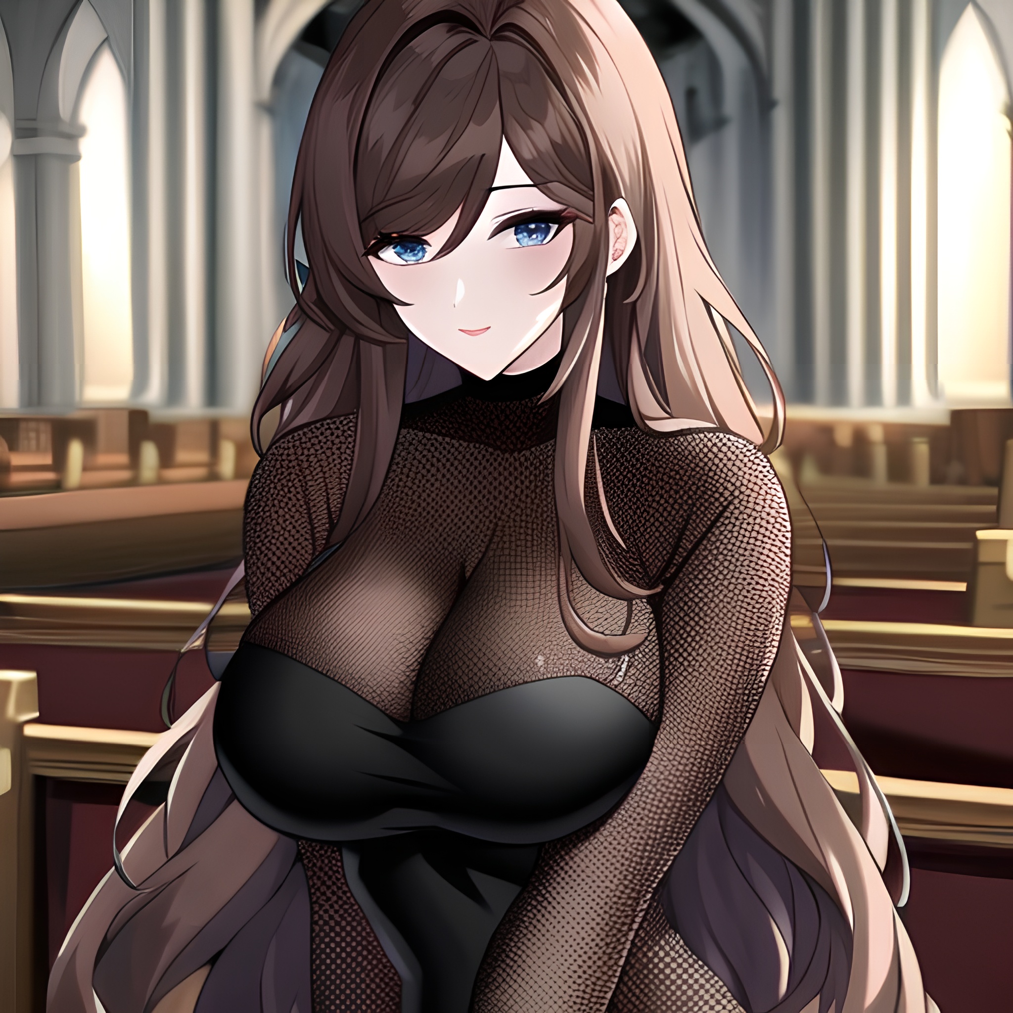 messy hair long hair brunette church fishnet woman 
