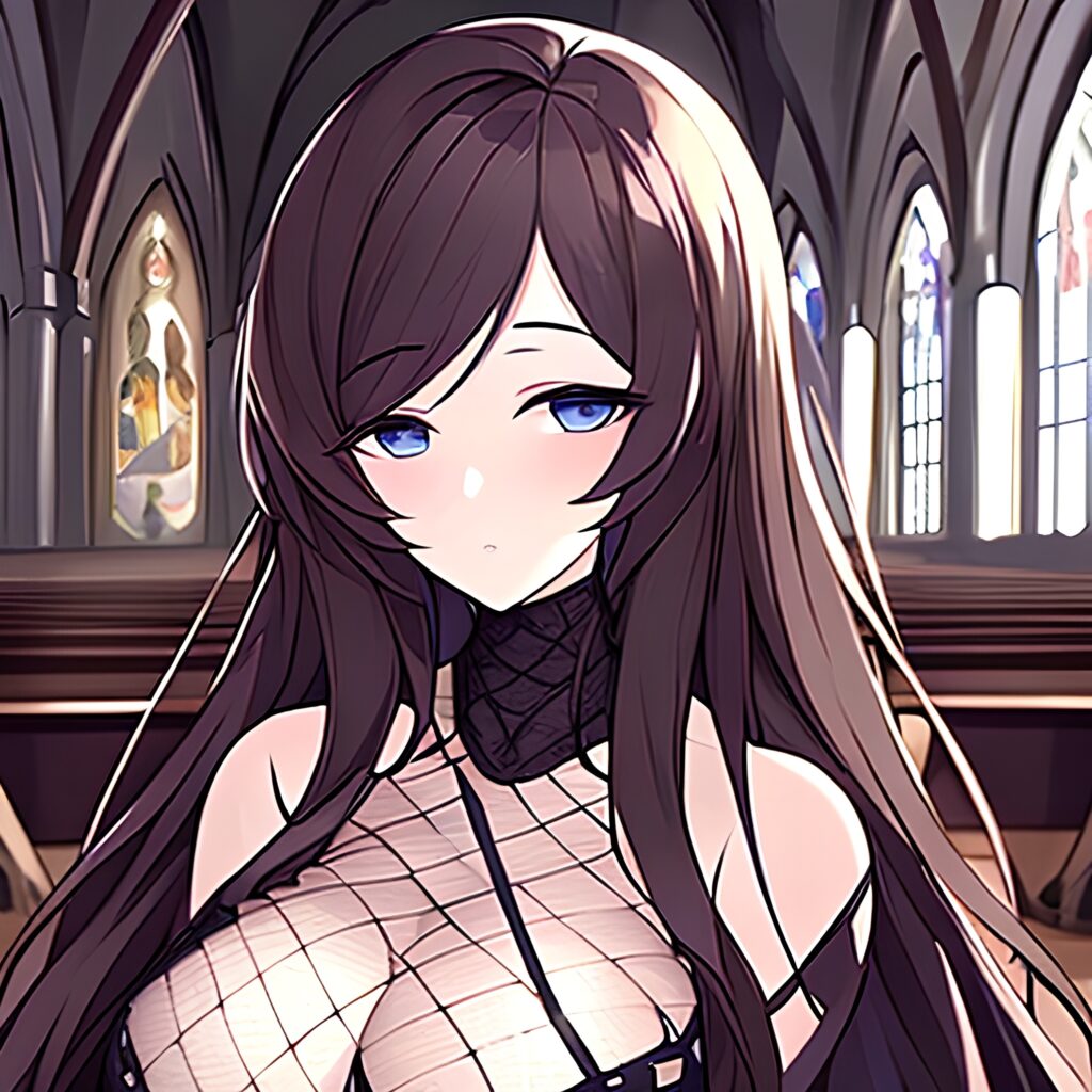 messy hair long hair brunette church fishnet woman 