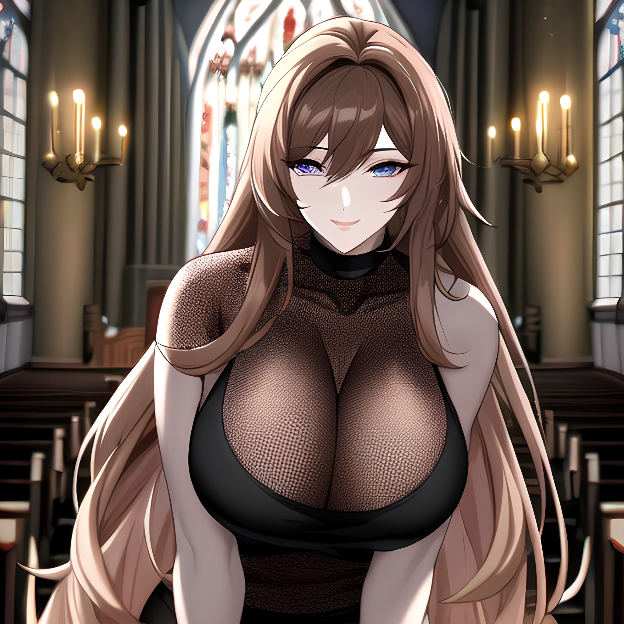 messy hair long hair brunette church fishnet woman 
