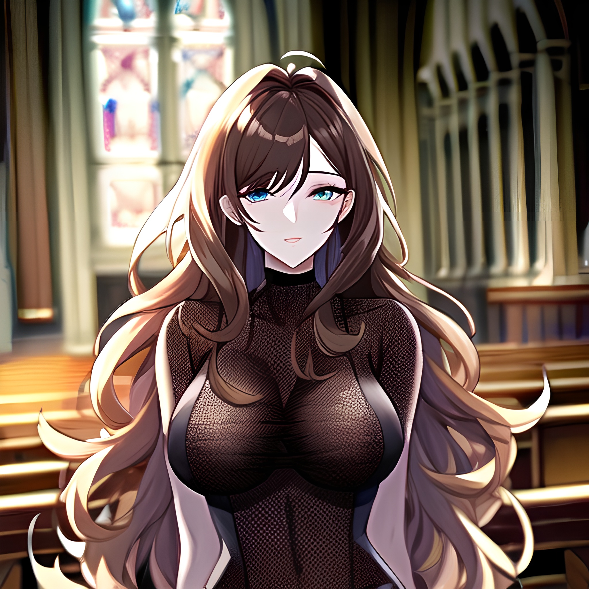 messy hair long hair brunette church woman fishnet 