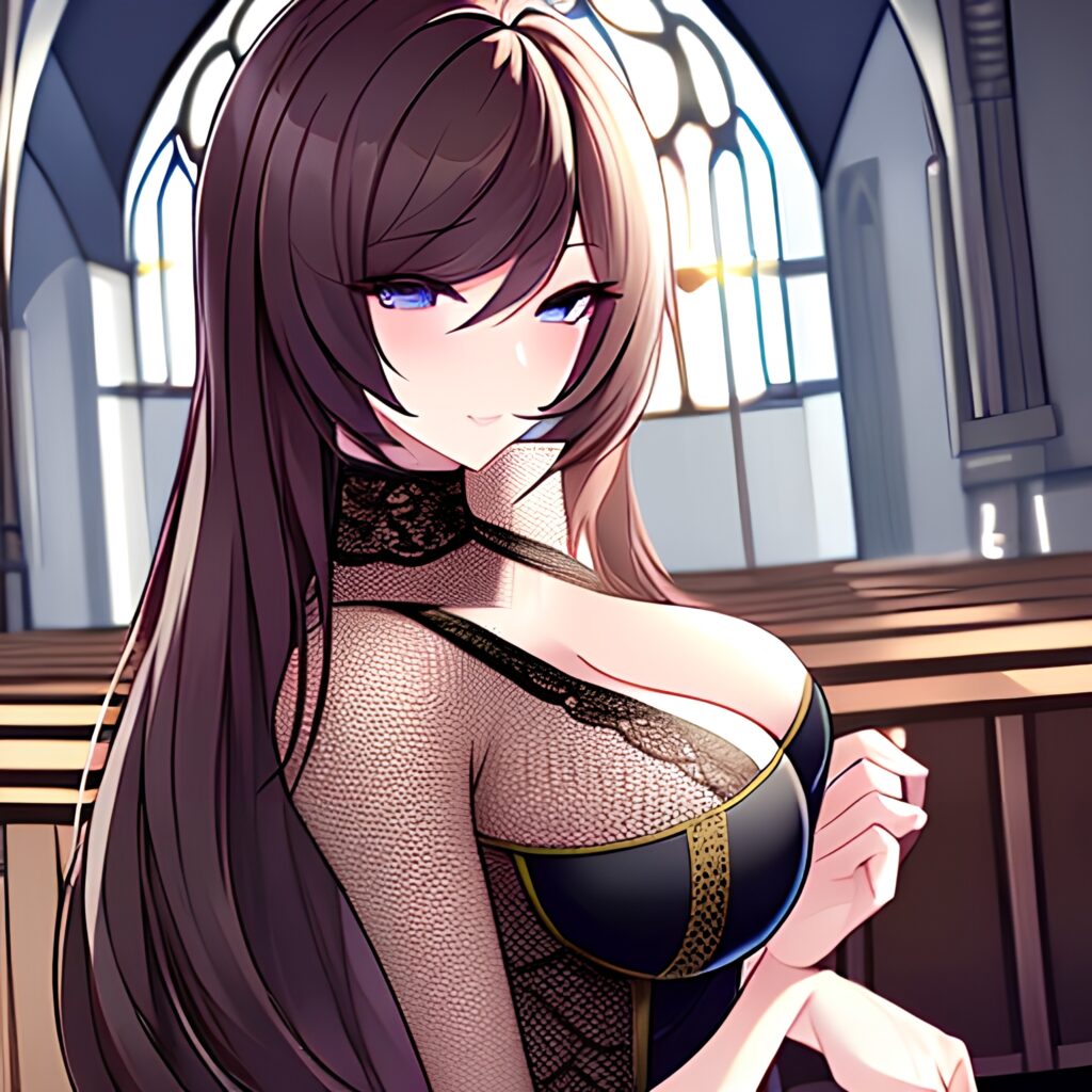messy hair long hair brunette church woman fishnet 