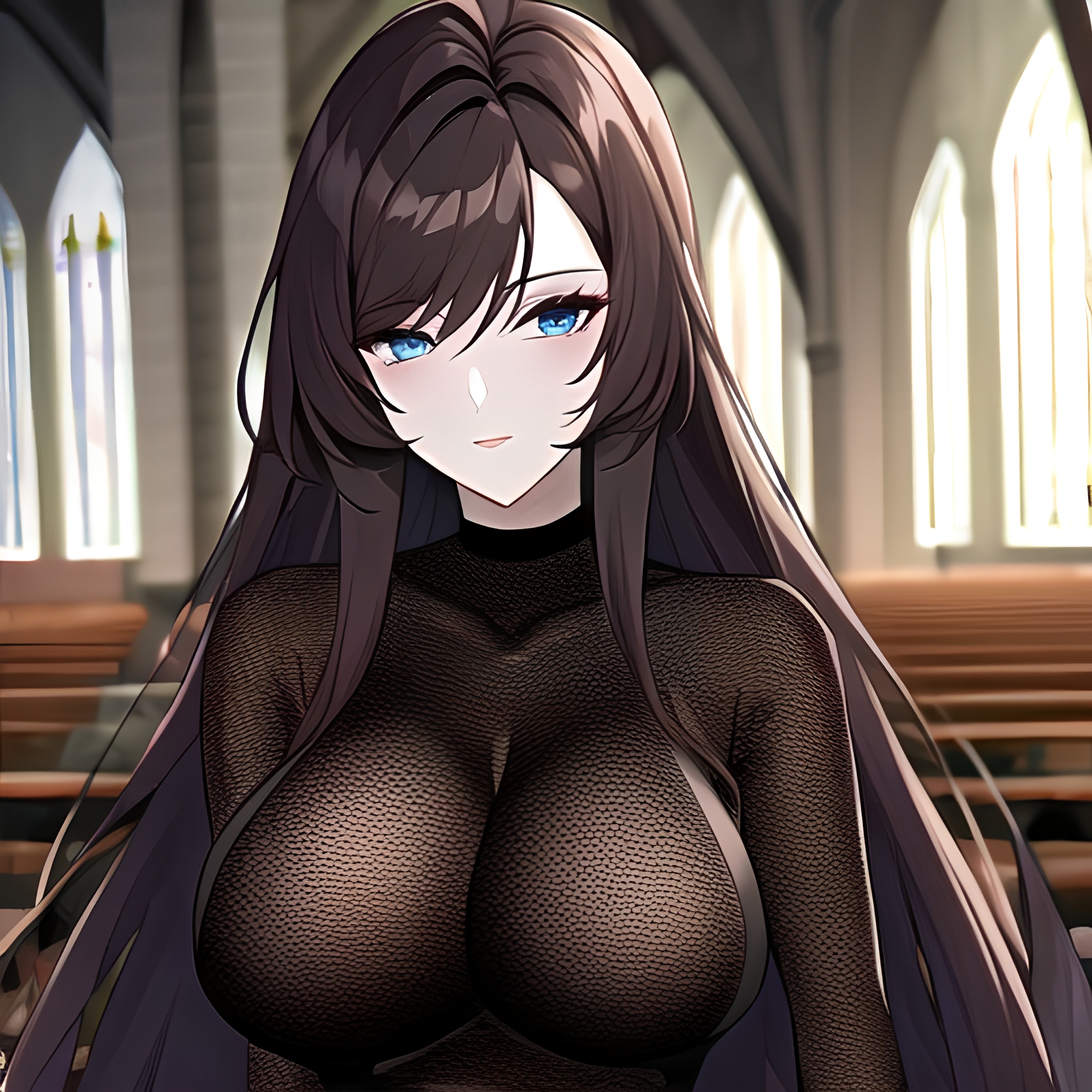 messy hair long hair brunette church woman fishnet 