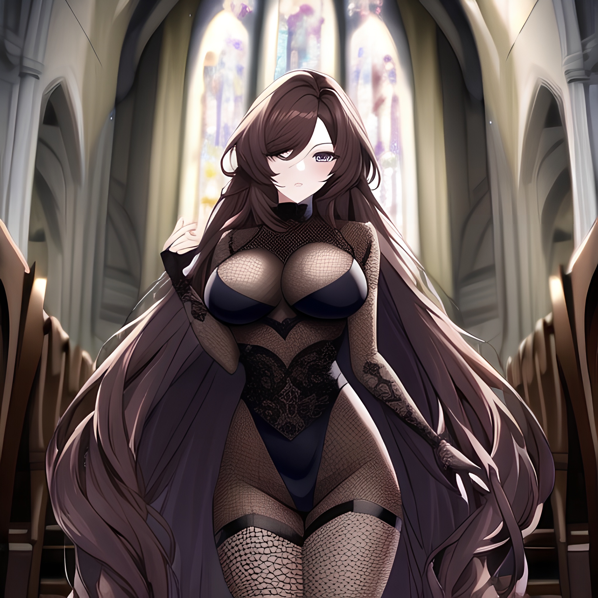 messy hair long hair brunette church woman fishnet 