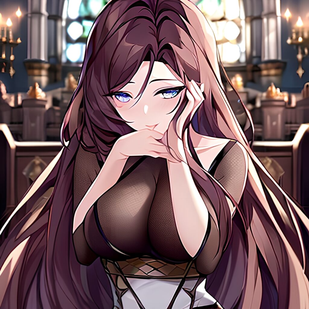 messy hair long hair brunette fishnet church woman 