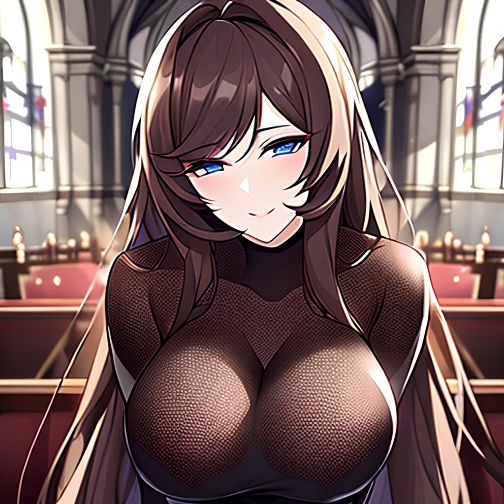 messy hair long hair brunette fishnet church woman 