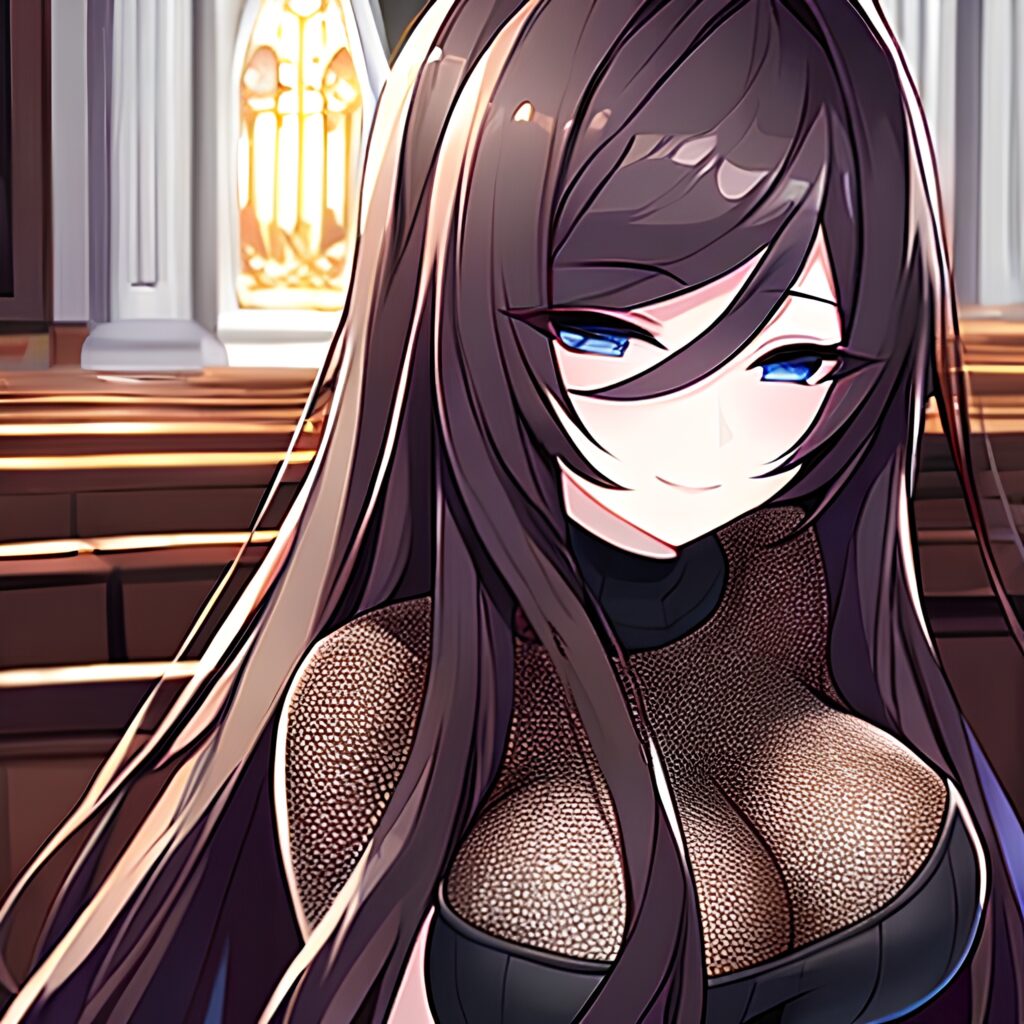 messy hair long hair brunette fishnet church woman 