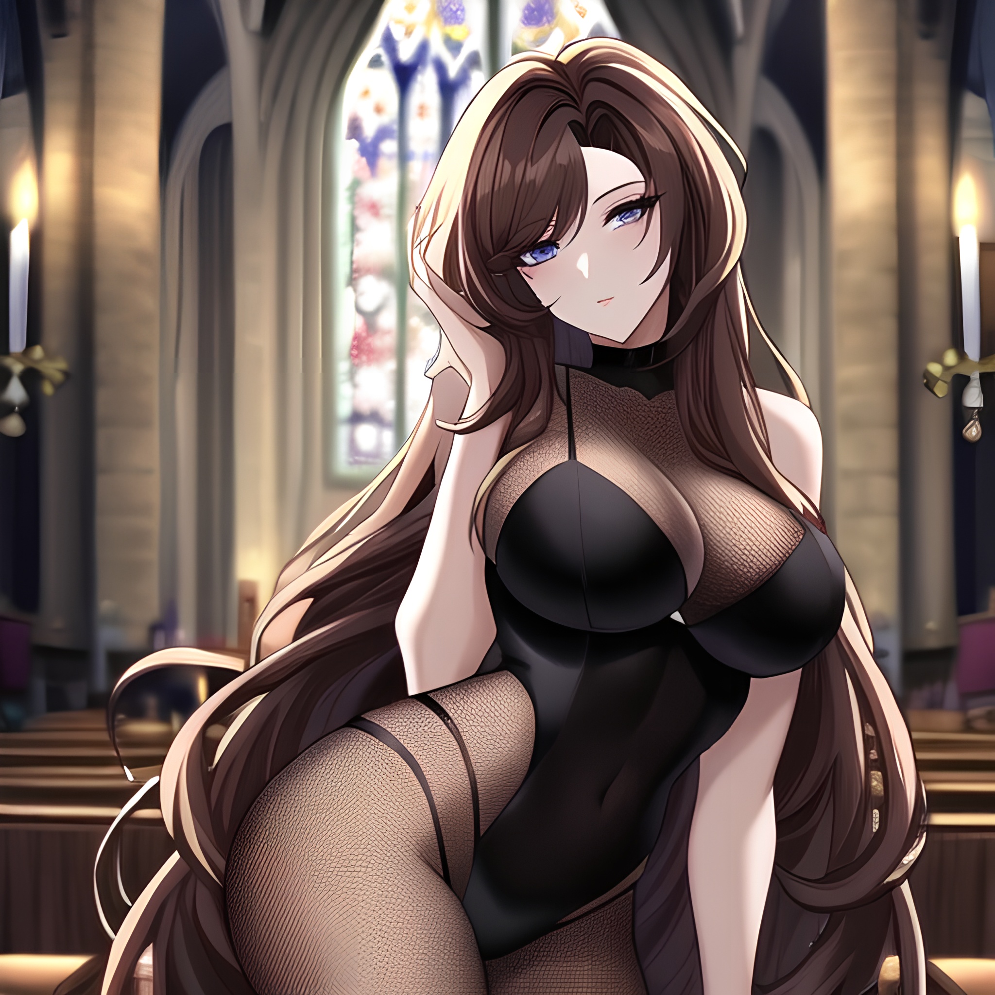 messy hair long hair brunette fishnet woman church 