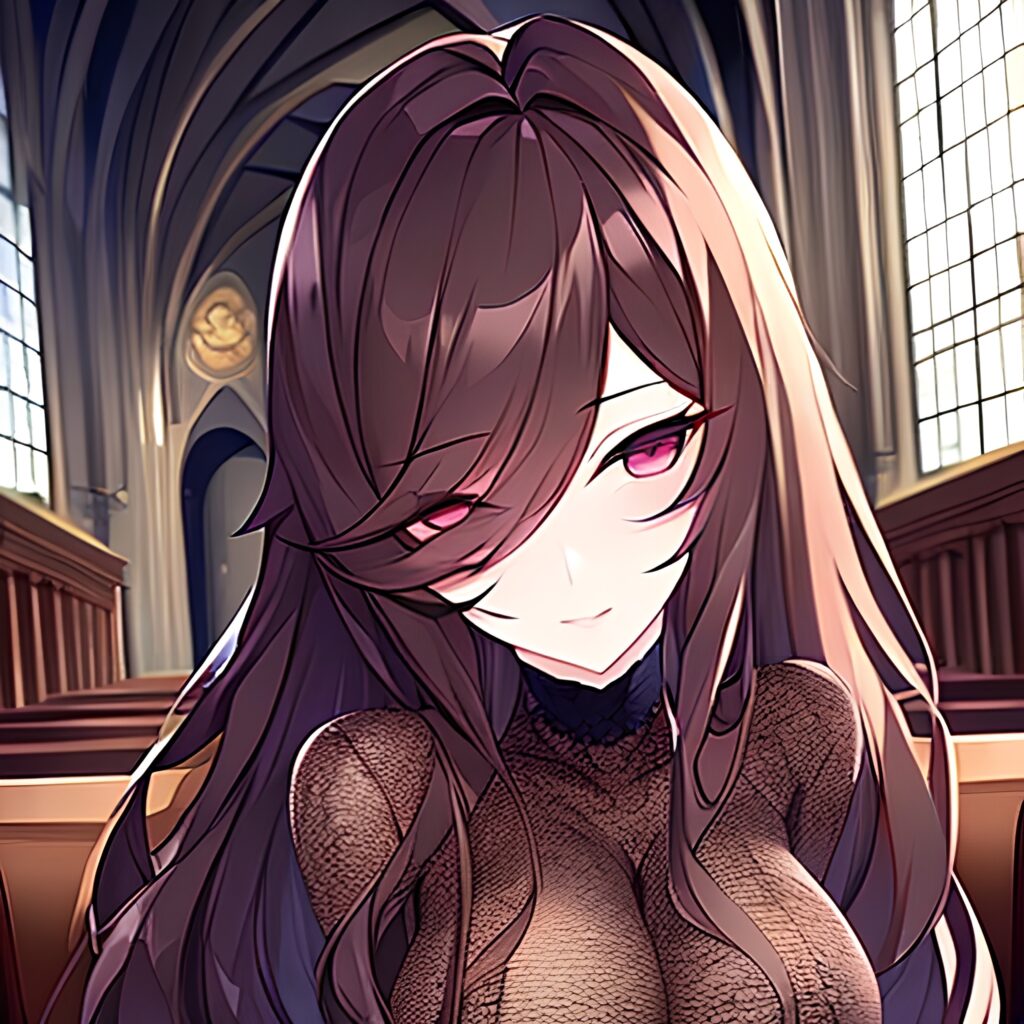 messy hair long hair brunette fishnet woman church 