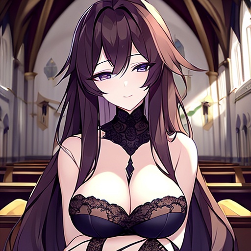 messy hair long hair brunette fishnet woman church 