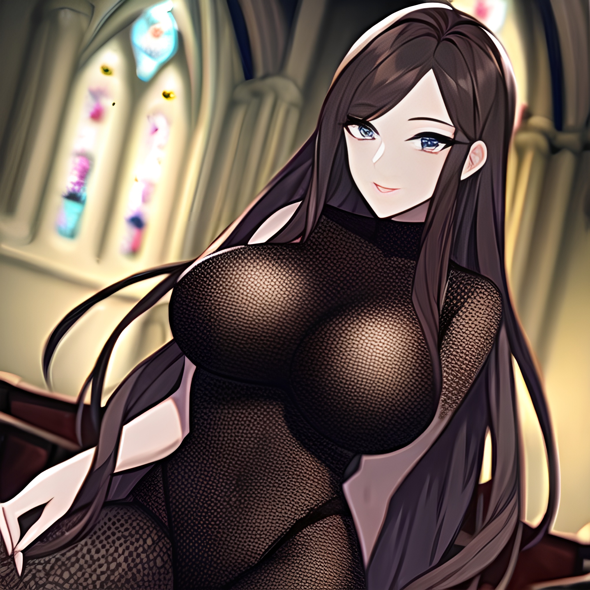messy hair long hair brunette fishnet woman church