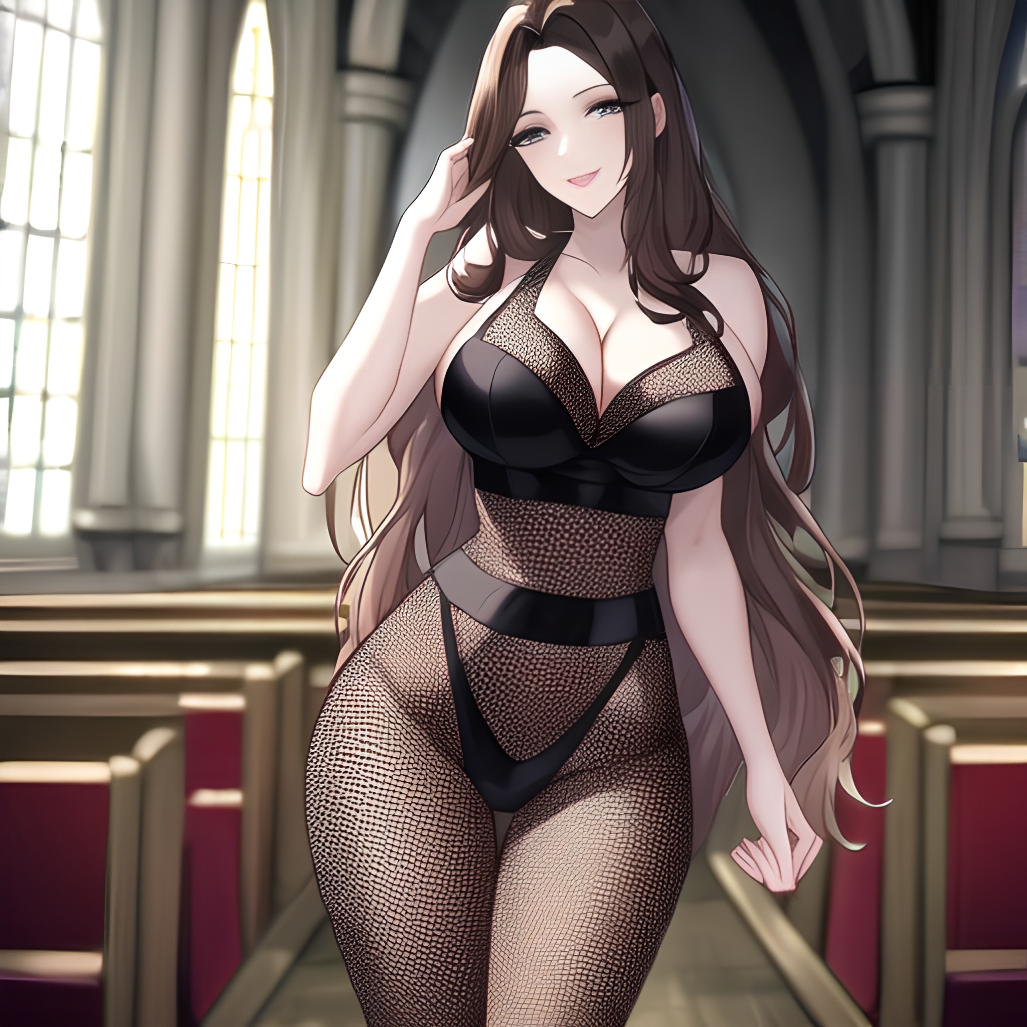 messy hair long hair brunette woman church fishnet 